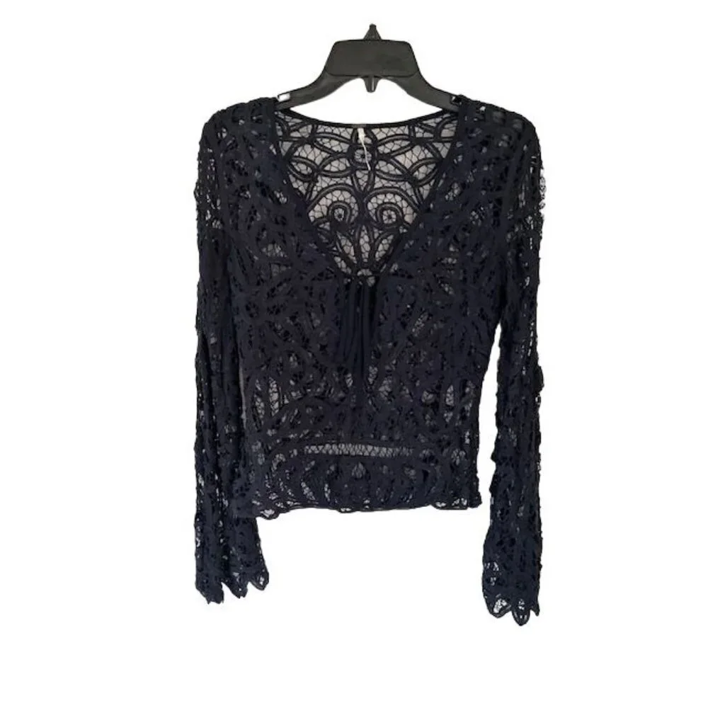 Free People Navy Crochet Lace Blouse Long Sleeves Size XSmall/P